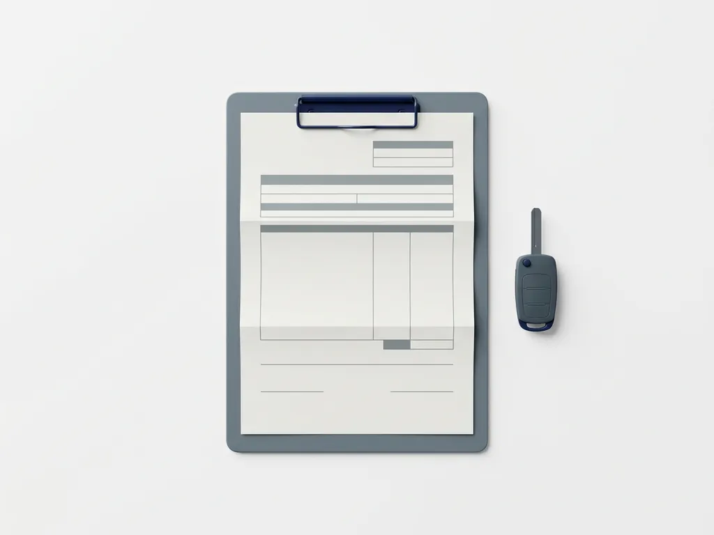 Verkeersboete op een klembord voor wagenparkbeheer naast een autosleutel op een wit bureau, strak minimalistische flatlay.