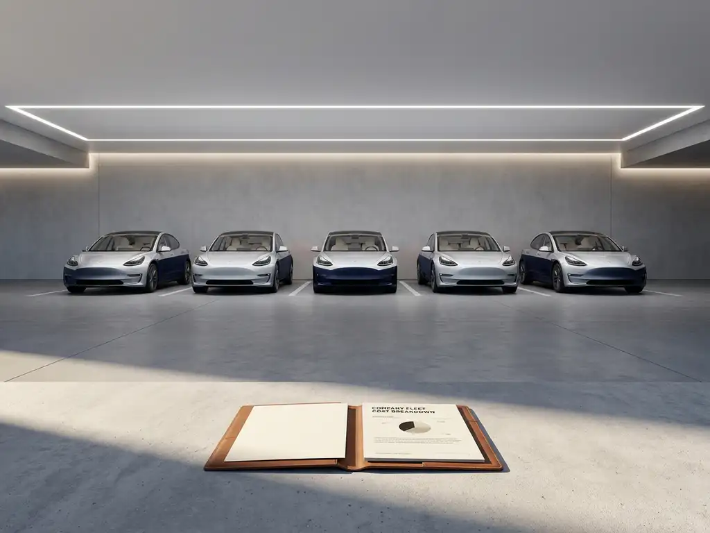 Vloot bedrijfsauto's in geometrische rij op betonnen ondergrond, naast een open leren portfolio met kostenoverzicht.