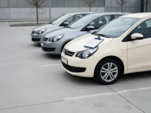 Drie compacte auto's diagonaal geparkeerd op een stedelijk terrein, met een klembord met routekaart op de motorkap.