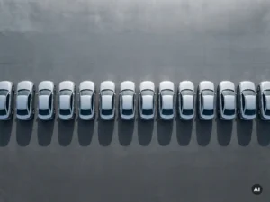 Bovenaanzicht van een rij identieke zilveren sedans op betonnen ondergrond, met scherpe parallelle schaduwen.