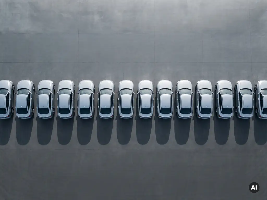 Bovenaanzicht van een rij identieke zilveren sedans op betonnen ondergrond, met scherpe parallelle schaduwen.