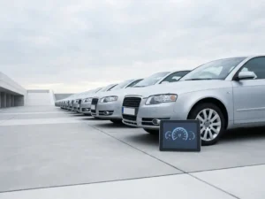 Rij identieke zilveren sedans op beton, gefotografeerd vanuit lage hoek, met tablet waarop minimalistisch fleet management dashboard zichtbaar is.