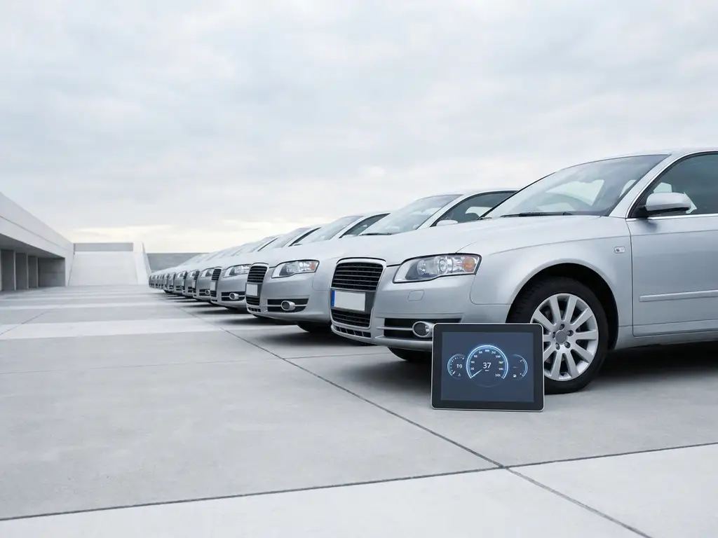 Rij identieke zilveren sedans op beton, gefotografeerd vanuit lage hoek, met tablet waarop minimalistisch fleet management dashboard zichtbaar is.