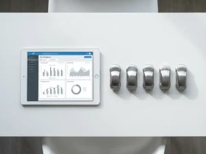 Tablet met digitaal vlootdashboard op witte bureau naast rij van metalen automodellen in geometrische opstelling