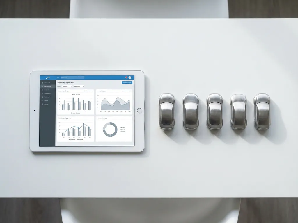 Tablet met digitaal vlootdashboard op witte bureau naast rij van metalen automodellen in geometrische opstelling