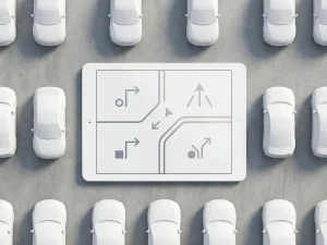 Witte tablet met vlootbeheerdashboard en routepictogrammen op betonnen oppervlak, omringd door minimalistische speelgoedauto's in formatie