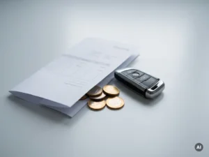 Vlootbeheerder bureau met factuur, euromunten en autosleutel op grijze ondergrond.