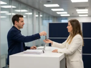 Wagenparkbeheerder overhandigt autosleutels aan leaseadviseur bij wit bureau met voertuigdocumenten in modern kantoor.