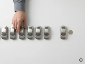 Vlootbeheerder houdt hand boven rij miniatuur zilveren auto's op wit bureau, met één auto apart en een euromuntstuk ernaast.