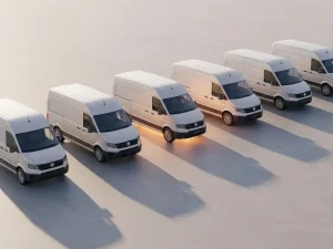 Rij witte bedrijfsvoertuigen in formatie geparkeerd op betonnen oppervlak met geometrische schaduwen en amber verlichting
