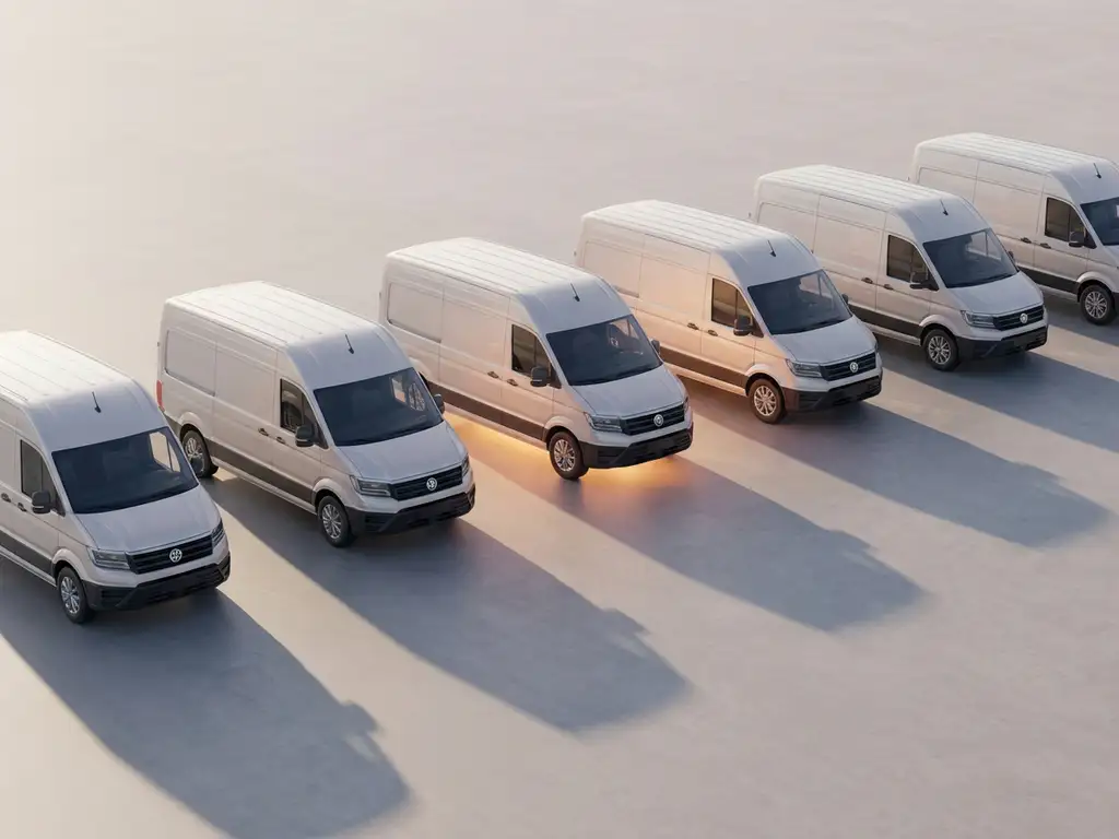Rij witte bedrijfsvoertuigen in formatie geparkeerd op betonnen oppervlak met geometrische schaduwen en amber verlichting