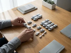 Handen van een wagenparkverheerder die witte miniatuurvoertuigen in geometrische patronen op een houten bureau rangschikt