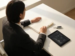 Vlootmanager bekijkt voertuigdocumenten aan witte bureau met autosleutels en tablet met vlootoverzicht