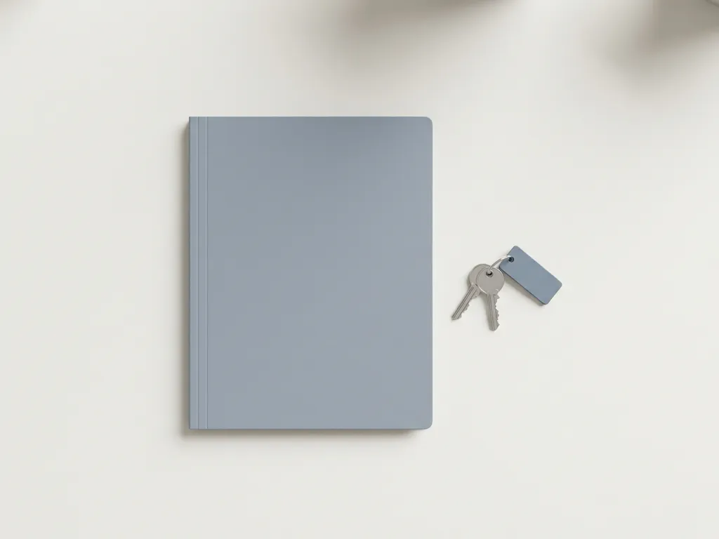 Georganiseerde vlootcontractmap op modern bureau naast autosleutels, strak minimalistische compositie in warmwit en leisteenblauw.