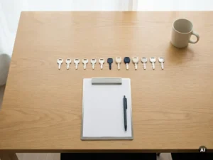 Bovenaanzicht van een eikenhouten bureau met op kleur gesorteerde autosleutels en een strak klembord in zilver- en marineblauw tinten.