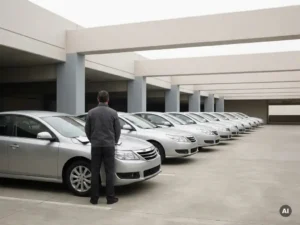 Wagenparkbeheerder met klembord op de motorkap van een zilveren bedrijfsauto in een rij identieke voertuigen in een parkeergarage.