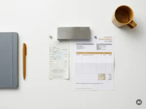 Vlootbeheerder bureau met brandstofbon en voertuigonderhoudsfactuur onder stalen presse-papier, minimalistische bovenaanzicht compositie.