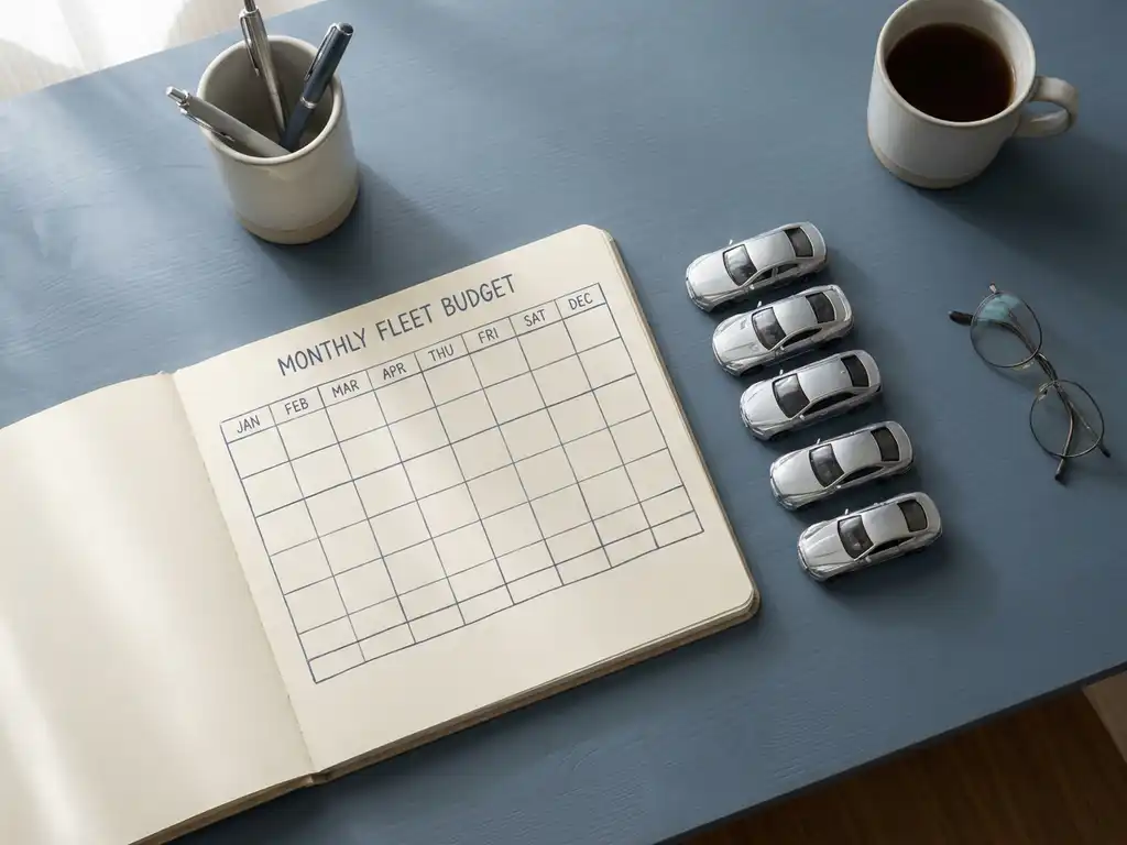 Rij miniatuur zilveren auto's op een bureau naast een open notitieboek met maandelijks budgetoverzicht, vlakke bovenaanzicht.