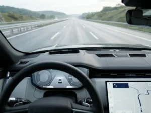 Stuur op de voorgrond met zicht op snelweg vanuit bestuurderscabine van moderne bedrijfswagen, rustige bewolkte daglichtatmosfeer.