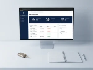 Vlootbeheer dashboard op wit bureau met autosleutel en open planner, professionele sfeer in marineblauw en zilver.