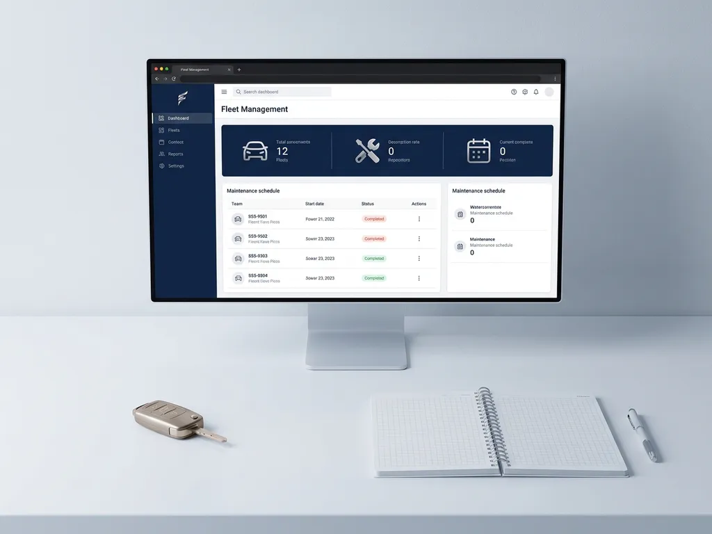 Vlootbeheer dashboard op wit bureau met autosleutel en open planner, professionele sfeer in marineblauw en zilver.