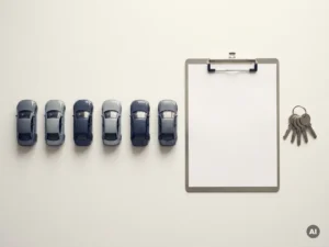 Vlootbeheerder bureau met miniatuur automodellen, klembord en sleutels in strakke bovenaanzicht compositie.