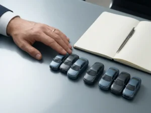 Vlootbeheerder legt hand op bureau naast rij miniatuurautootjes en open notitieboek met pen.