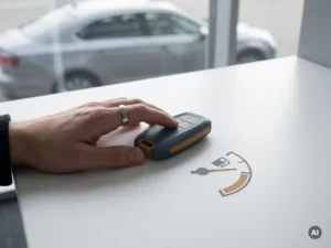 Vlootbeheerder legt hand op autosleutel naast brandstofmeter op wit bureau, bedrijfsauto op achtergrond.