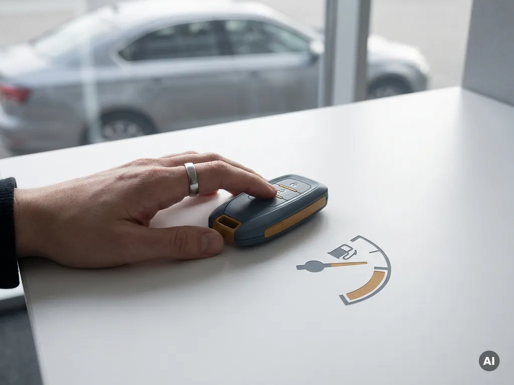 Vlootbeheerder legt hand op autosleutel naast brandstofmeter op wit bureau, bedrijfsauto op achtergrond.
