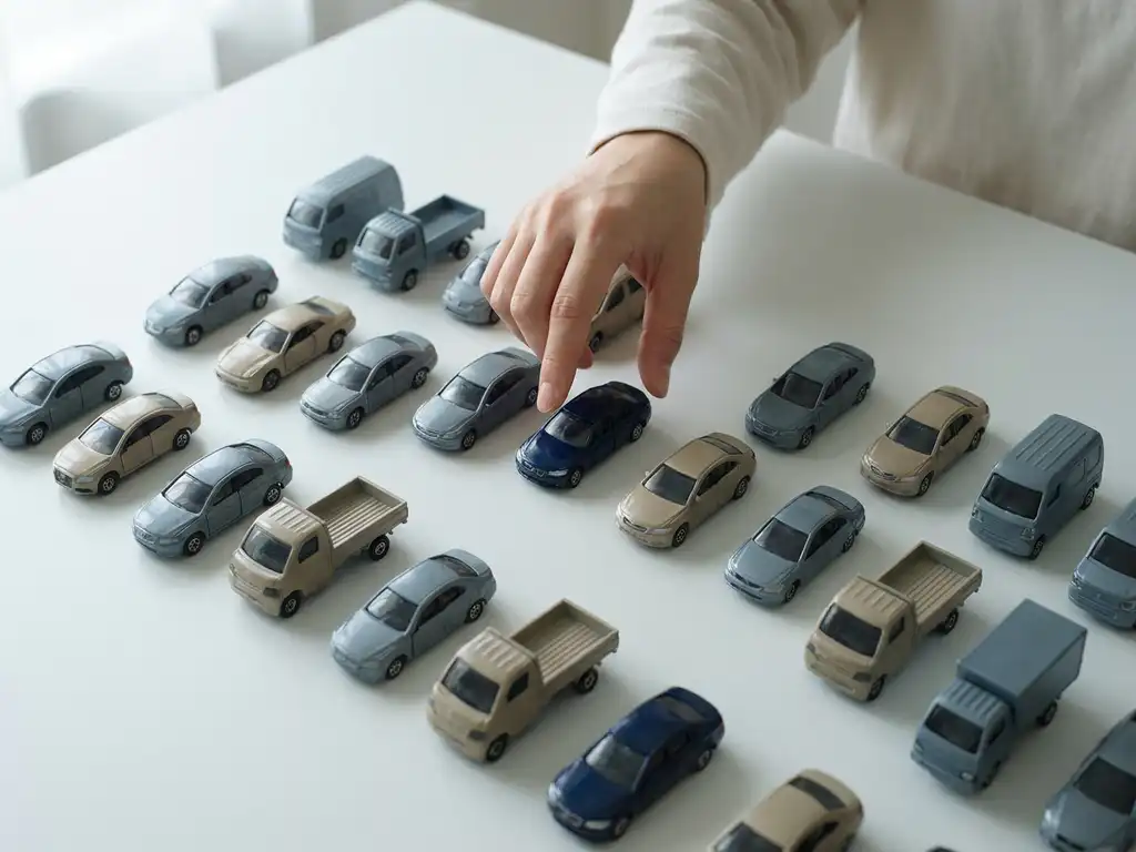 Vlootbeheerder selecteert een miniatuurvoertuig uit een rij op wit oppervlak, bovenaanzicht in zacht daglicht.