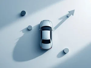 Zilveren zakenauto van bovenaf met pijlen naar beneden die dalende kosten symboliseren op witte achtergrond