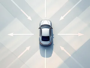 Zilveren zakenauto op kruispunt met richtingpijlen, bovenaanzicht in minimalistische stijl met witte wegmarkering