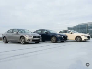 Drie zakelijke auto's in zilver, marineblauw en wit op een rij geparkeerd op een bedrijfsparkeerplaats, gefotografeerd vanuit laag perspectief.