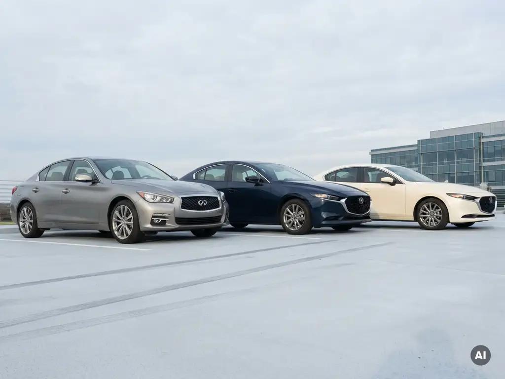 Drie zakelijke auto's in zilver, marineblauw en wit op een rij geparkeerd op een bedrijfsparkeerplaats, gefotografeerd vanuit laag perspectief.