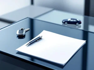 Zakelijk document met zilveren pen en autosleutels op glazen bureau met luxe auto op achtergrond