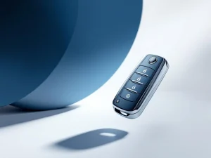 Zakelijke autosleutel met metallic afwerking zweeft boven wit oppervlak met geometrische vormen in blauw en zilver