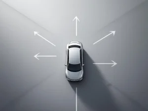Zilveren zakelijke auto op kruispunt met drie vertakkende wegen, bovenaanzicht met minimalistisch design