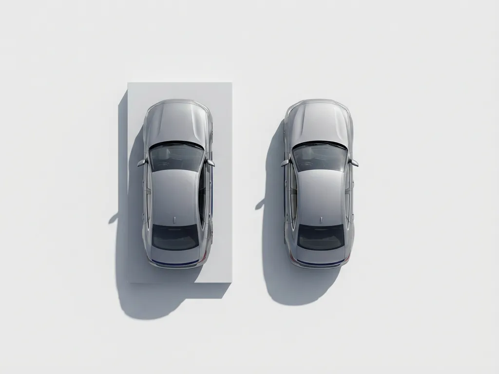 Twee identieke zakelijke sedans op witte ondergrond, één op geometrisch voetstuk, met zachte schaduwen en minimale compositie